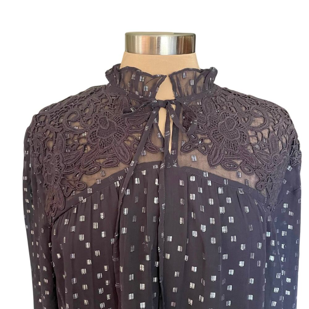 Calligraphie Black Lace Trim Metallic Clip Dot Sheer Blouse MED Whimsygoth Fairy - Picture 4 of 10
